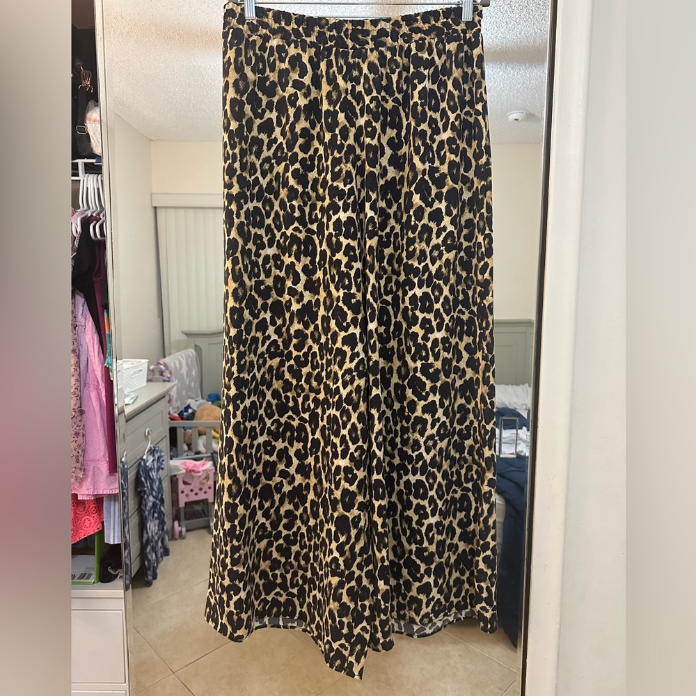 Zara Black and Tan Leopard Print Wide Leg Pants
